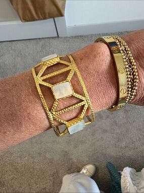 Gold-Tone Openwork Cuff Bracelet with White Stone Insets